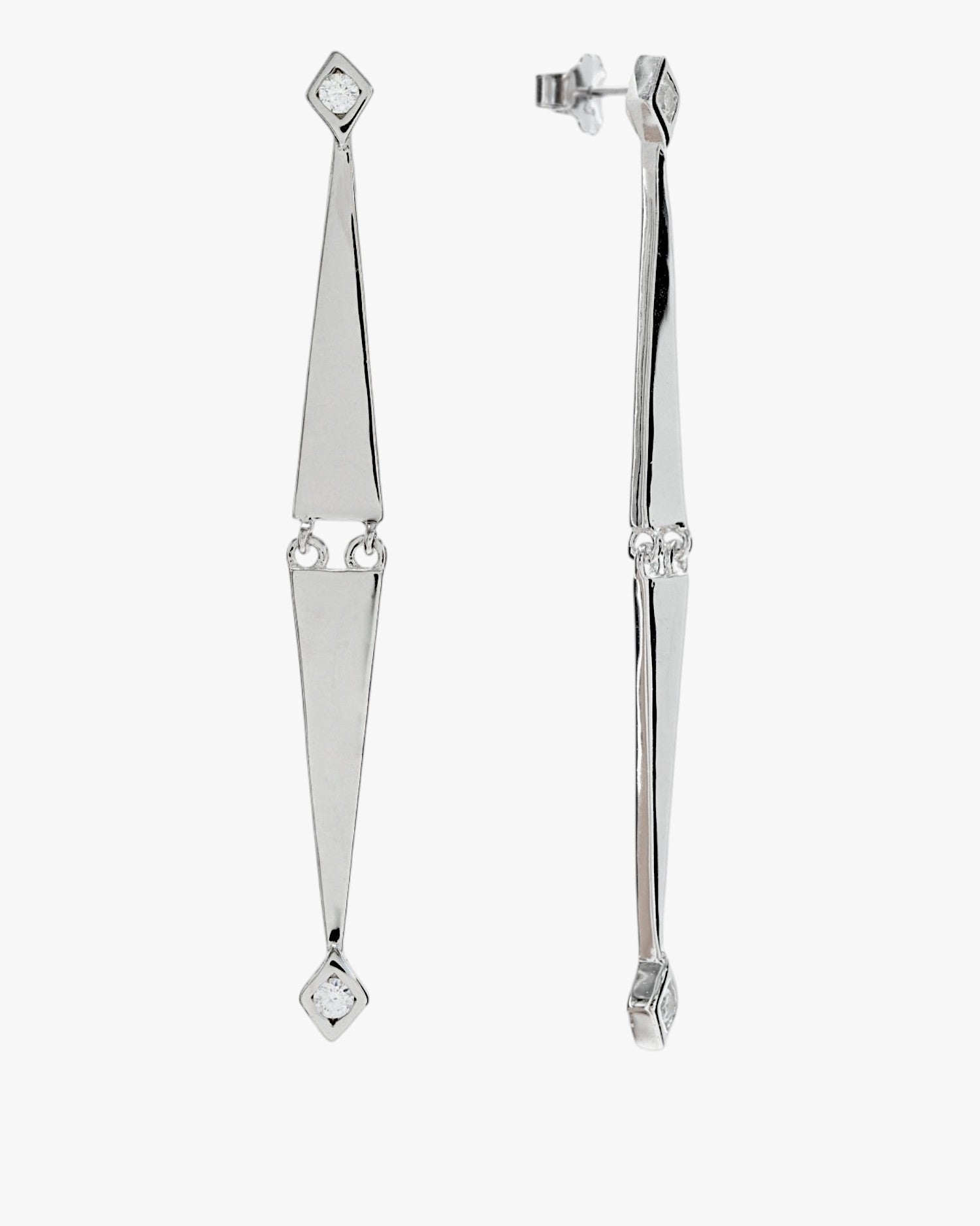 Pendientes largos de plata finos diseño doble triangulo móviles