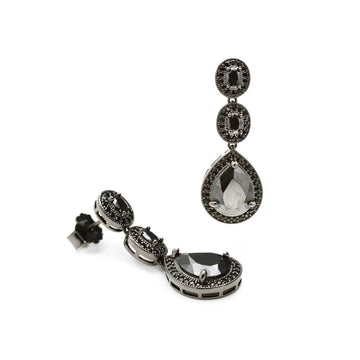 Long, shiny silver earrings for brides, ruthenium, 3 pieces with teardrop