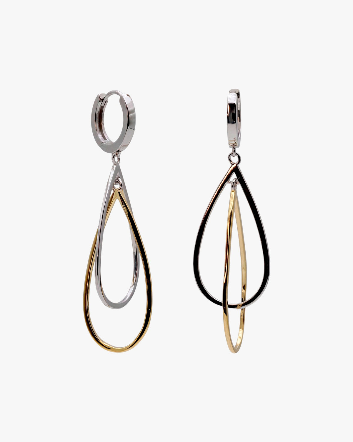 Long two-tone silver earrings with a teardrop design
