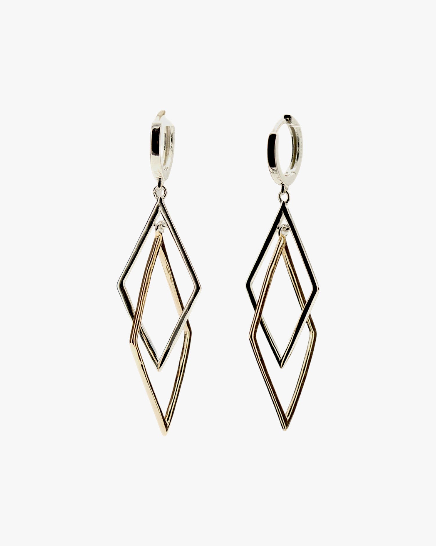 Long two-tone silver earrings with a diamond design