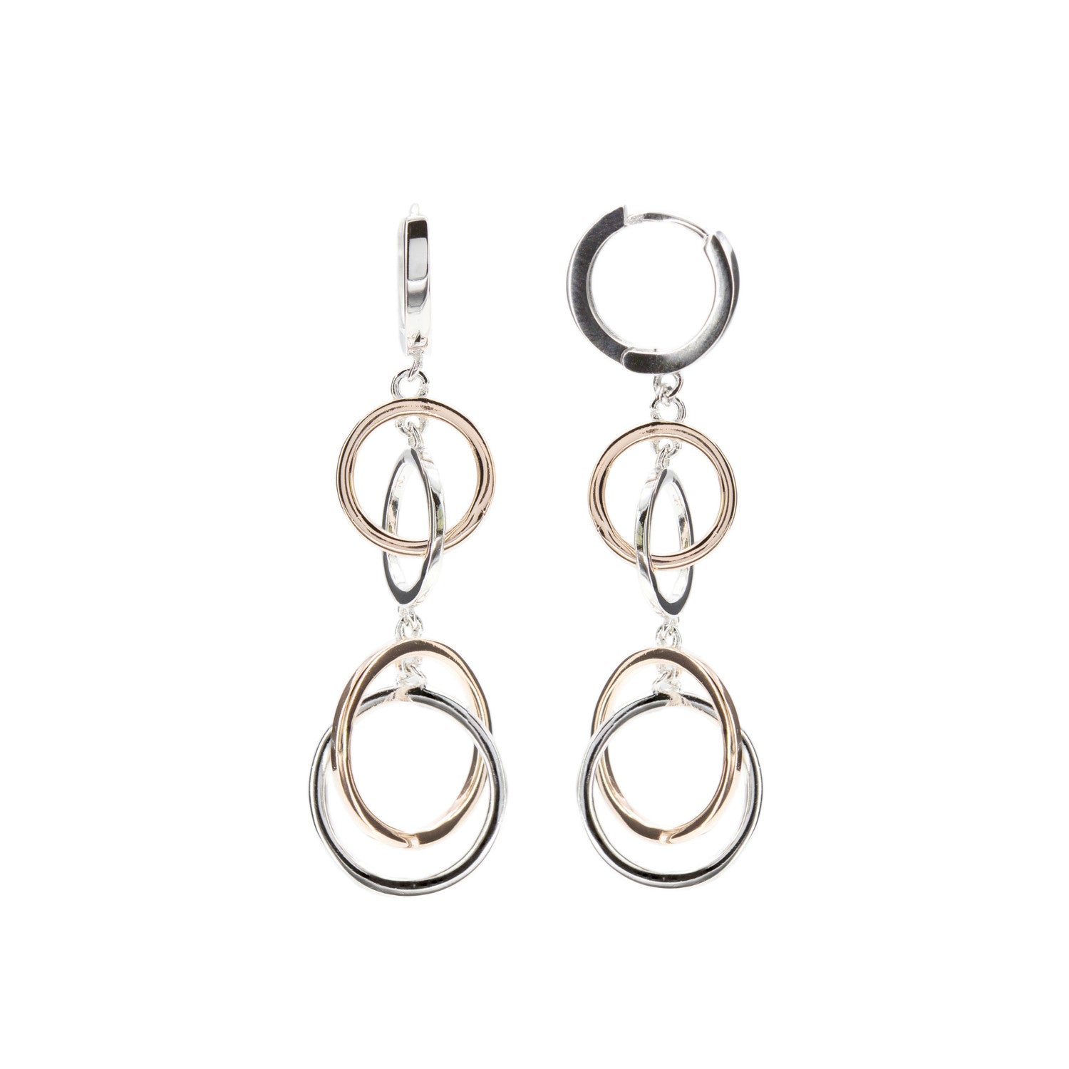 Boucles d'oreilles bicolores argentées à motif de cercles entrelacés