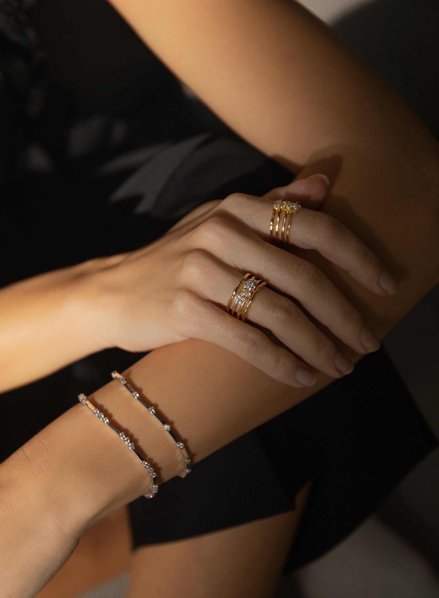 Fine silver bracelets with multiple adamantine quartz motifs