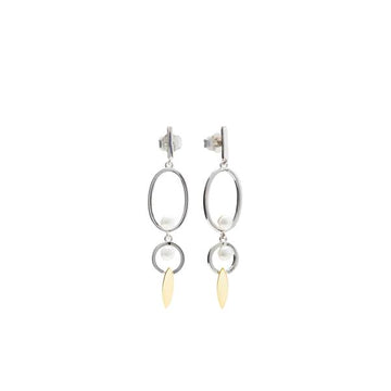Pendientes largos diseño bicolor círculos ovalados y detalle de perla