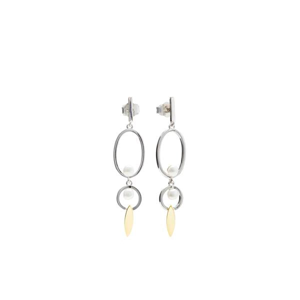 Pendientes largos diseño bicolor círculos ovalados y detalle de perla
