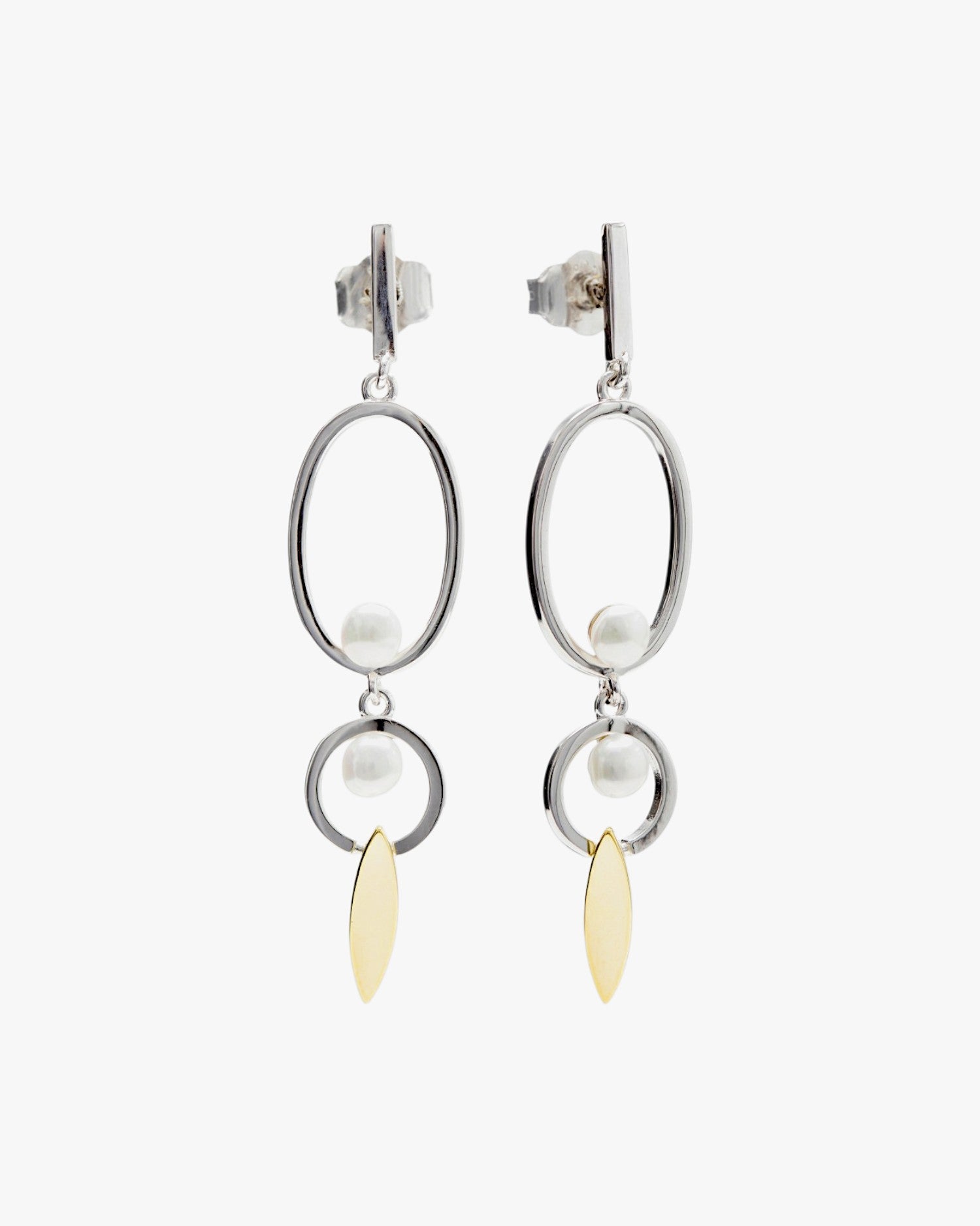 Pendientes largos diseño bicolor círculos ovalados y detalle de perla