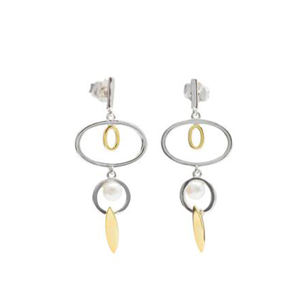 Pendientes largos de plata diseño bicolor con círculos y detalle de perla