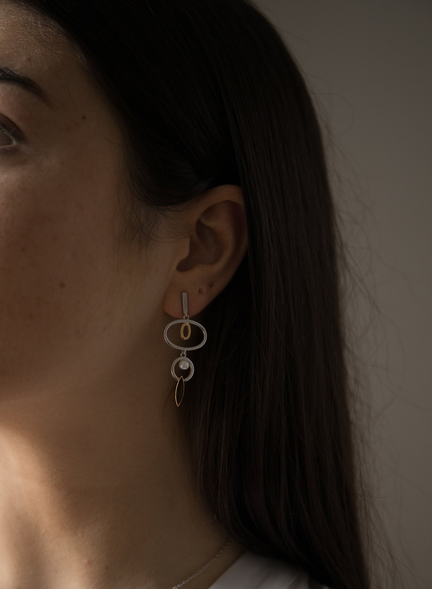 Longues boucles d'oreilles argentées, modèle bicolore orné de cercles et de perles.