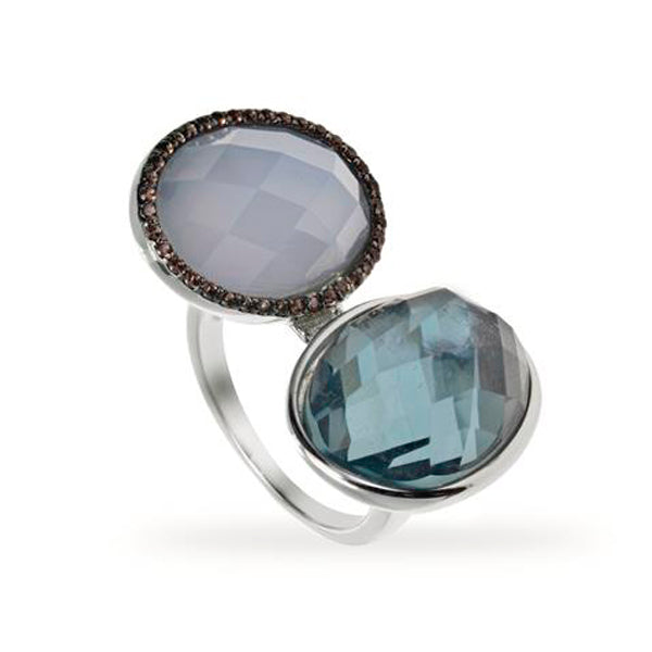 Rings with stones, divided design in cool tones