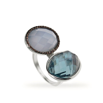 Rings with stones, divided design in cool tones