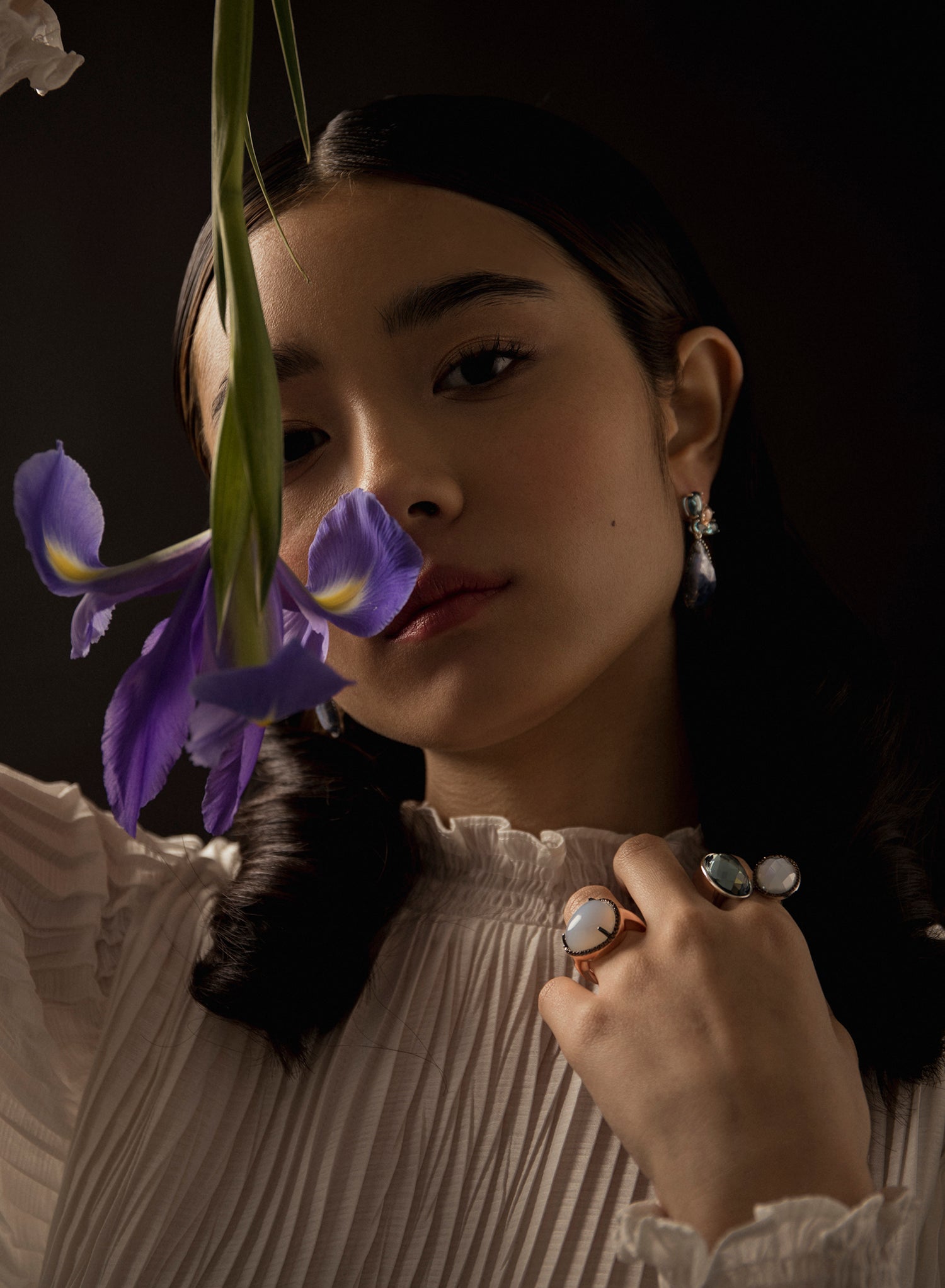 Rings with stones, divided design in cool tones