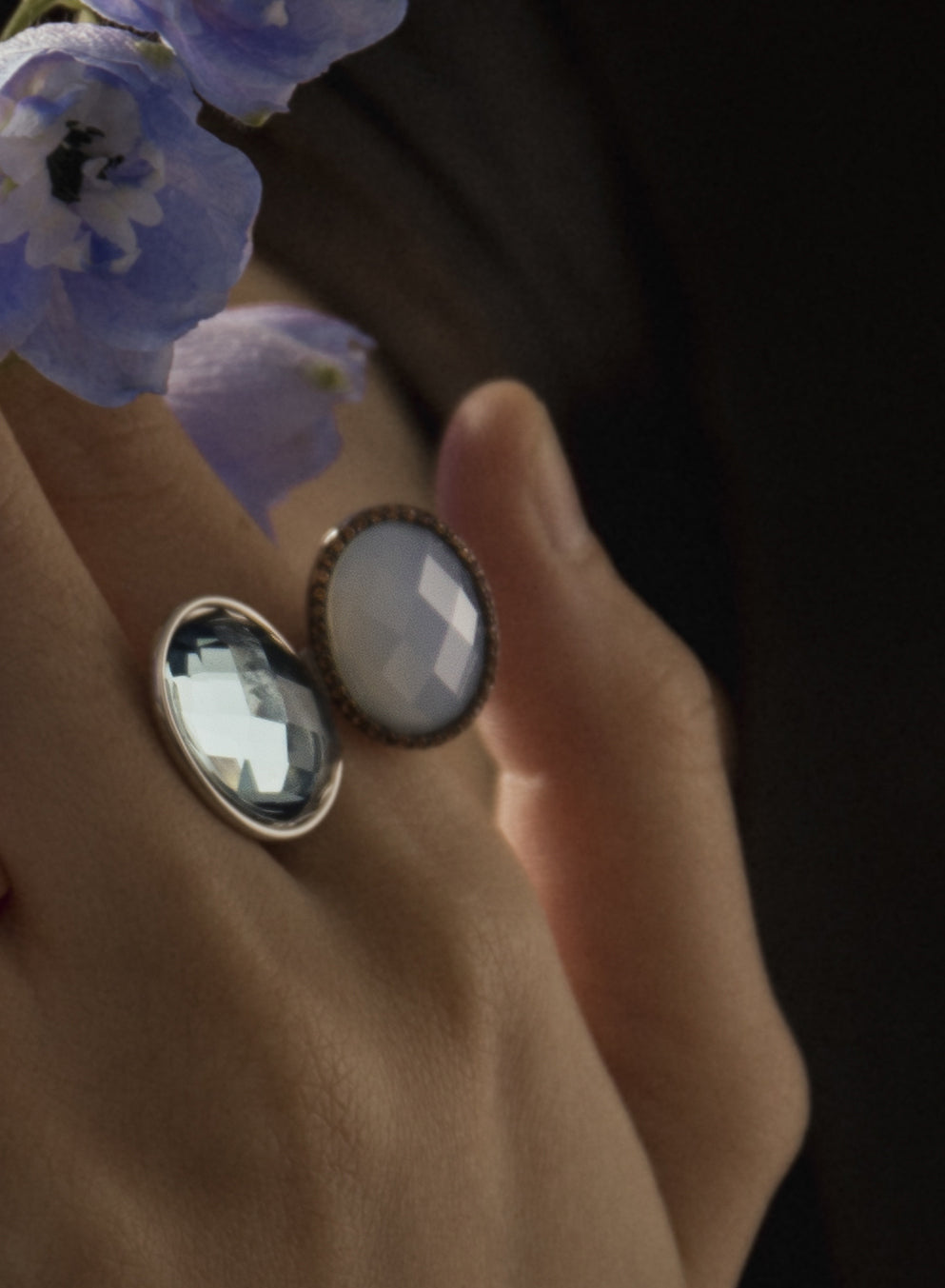 Rings with stones, divided design in cool tones