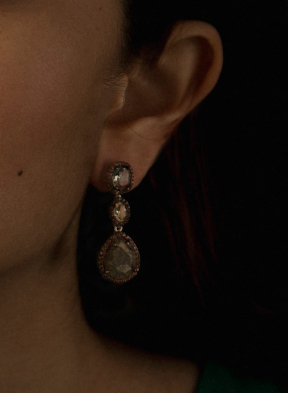 Silver natural stone triple design earrings