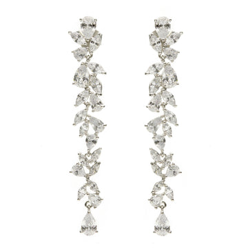 Long bridal earrings in silver with a floral design and adamantine quartz
