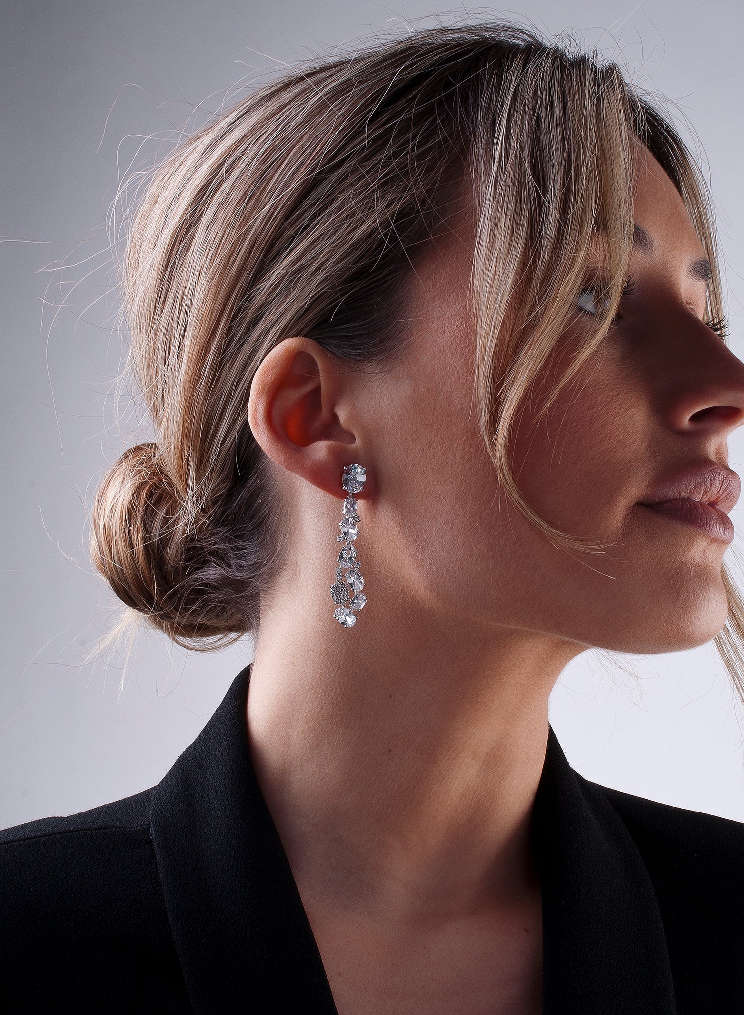 Long bridal earrings, oval design with adamantine quartz