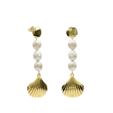 Pendientes largos plata de perlas y diseño concha baño en oro