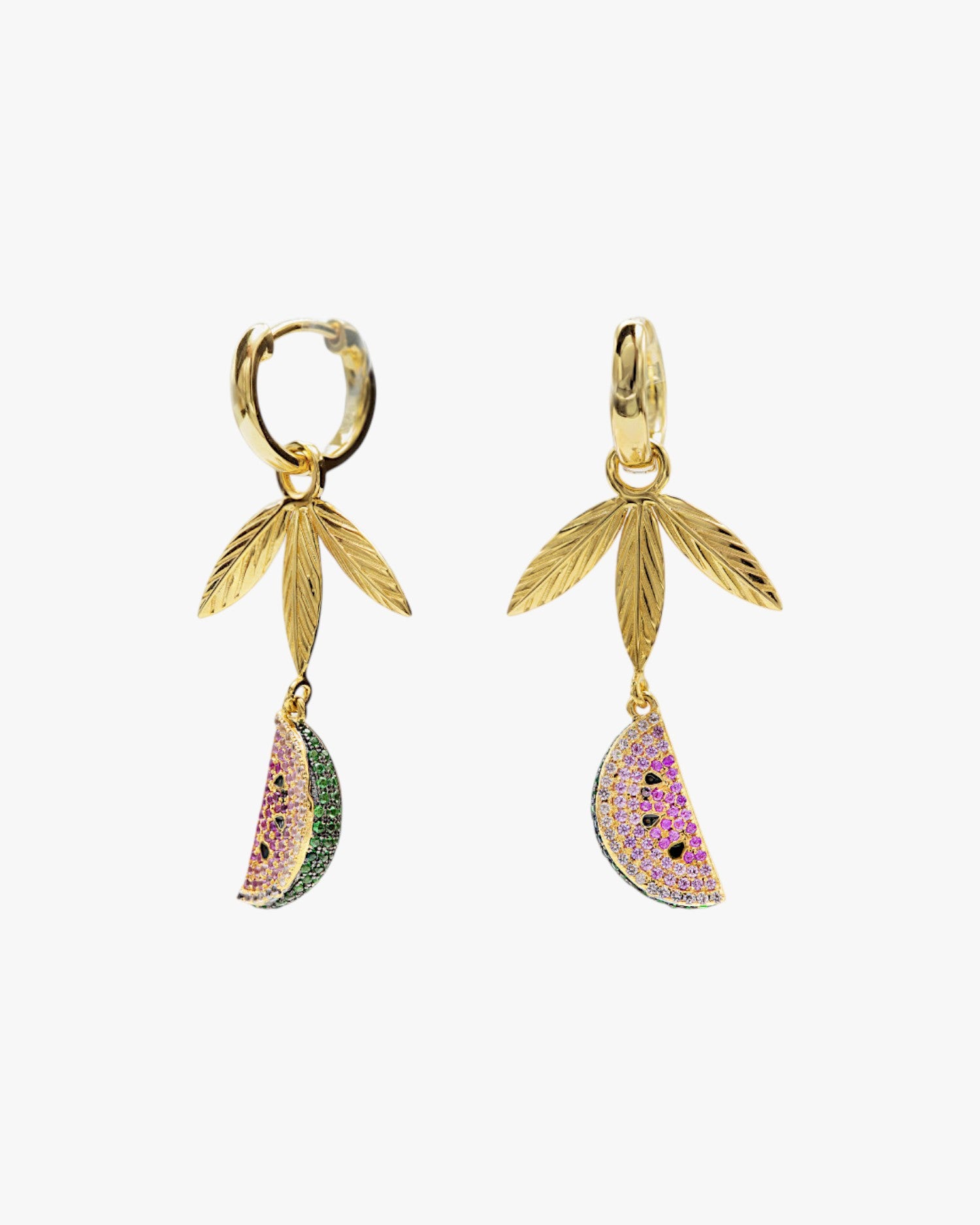 Earrings with watermelon and leaf charm pendants
