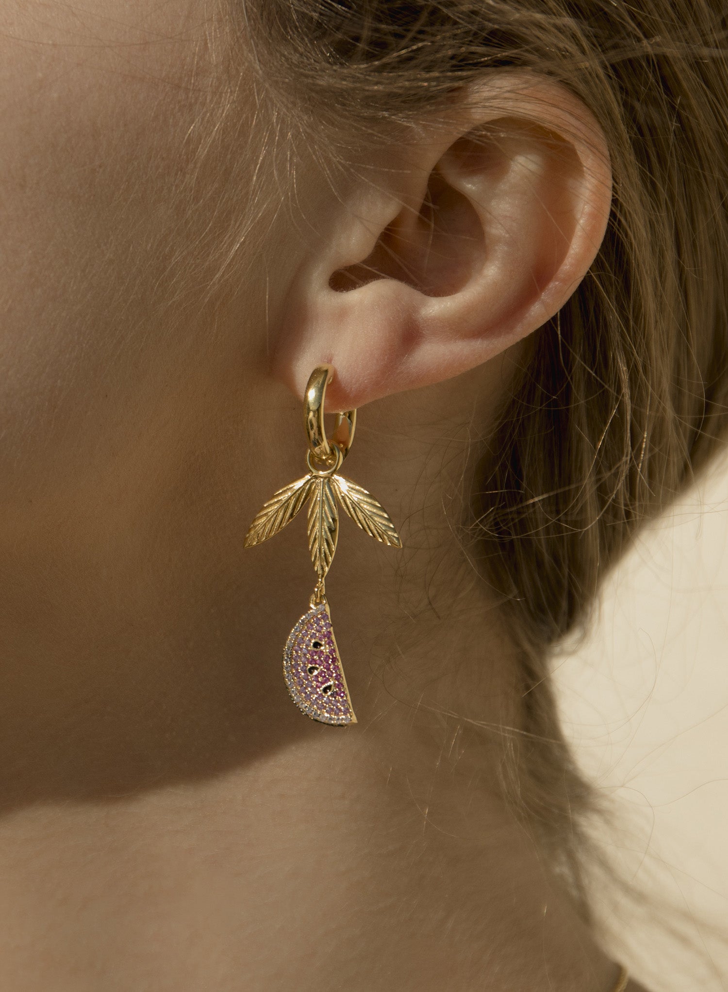 Earrings with watermelon and leaf charm pendants