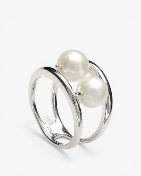 Bagues ornées de perles argentées lisses, double design