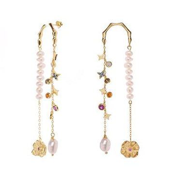 Pendientes largos de plata diseño doble colgante con baño de oro
