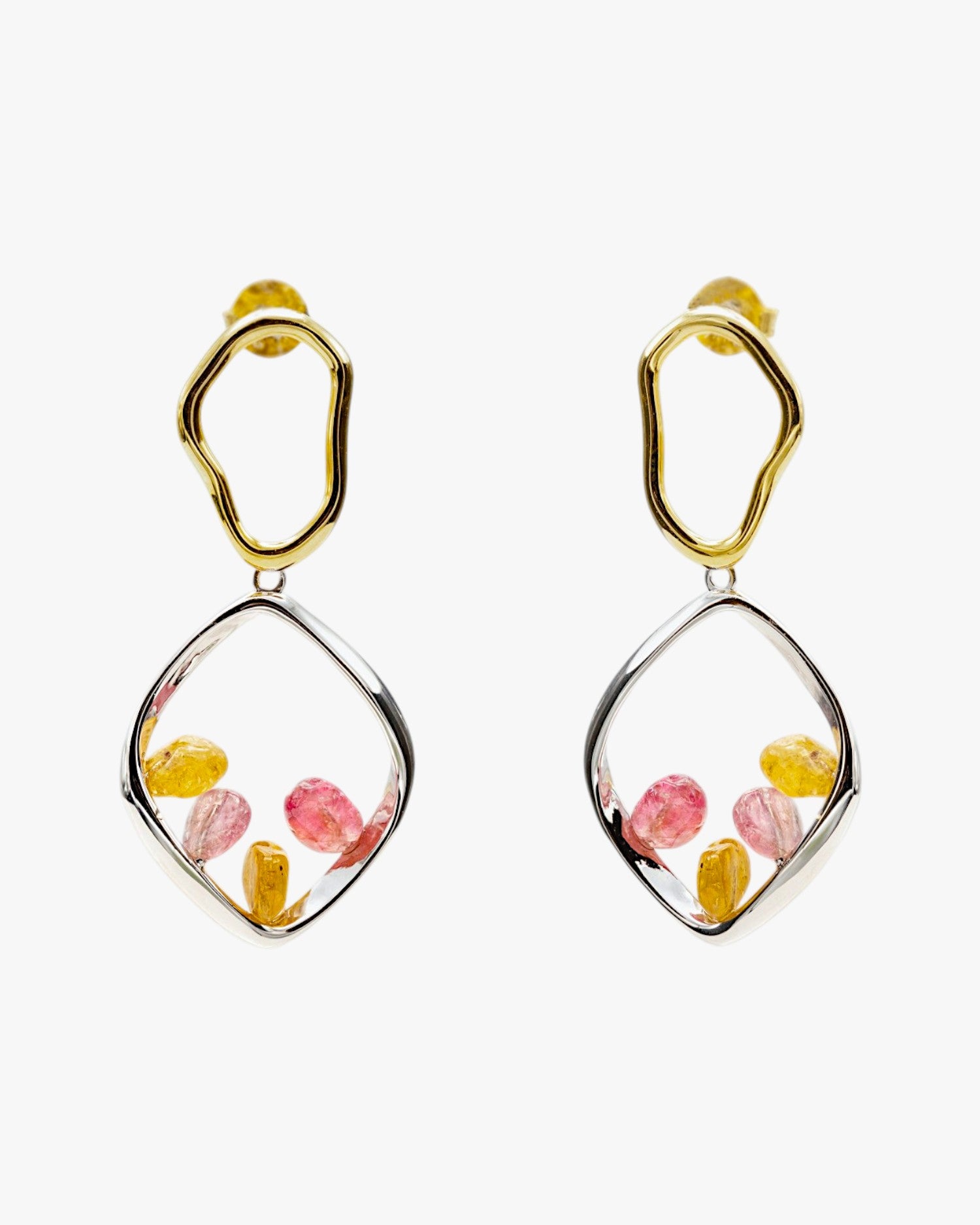 Long silver earrings with colorful stones in an irregular double rhombus shape