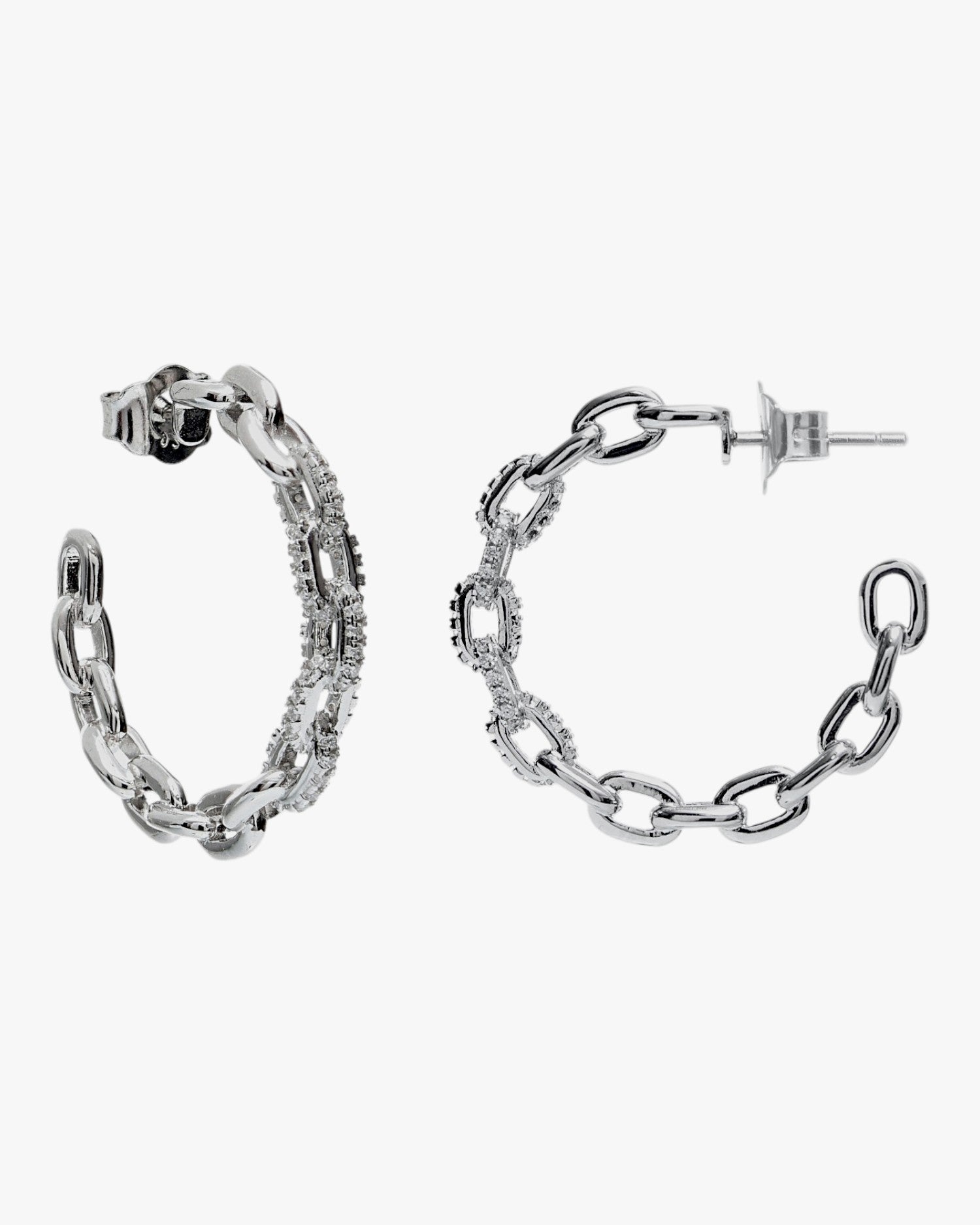 Pendientes aro plata originales diseño de cadena y detalle circonitas