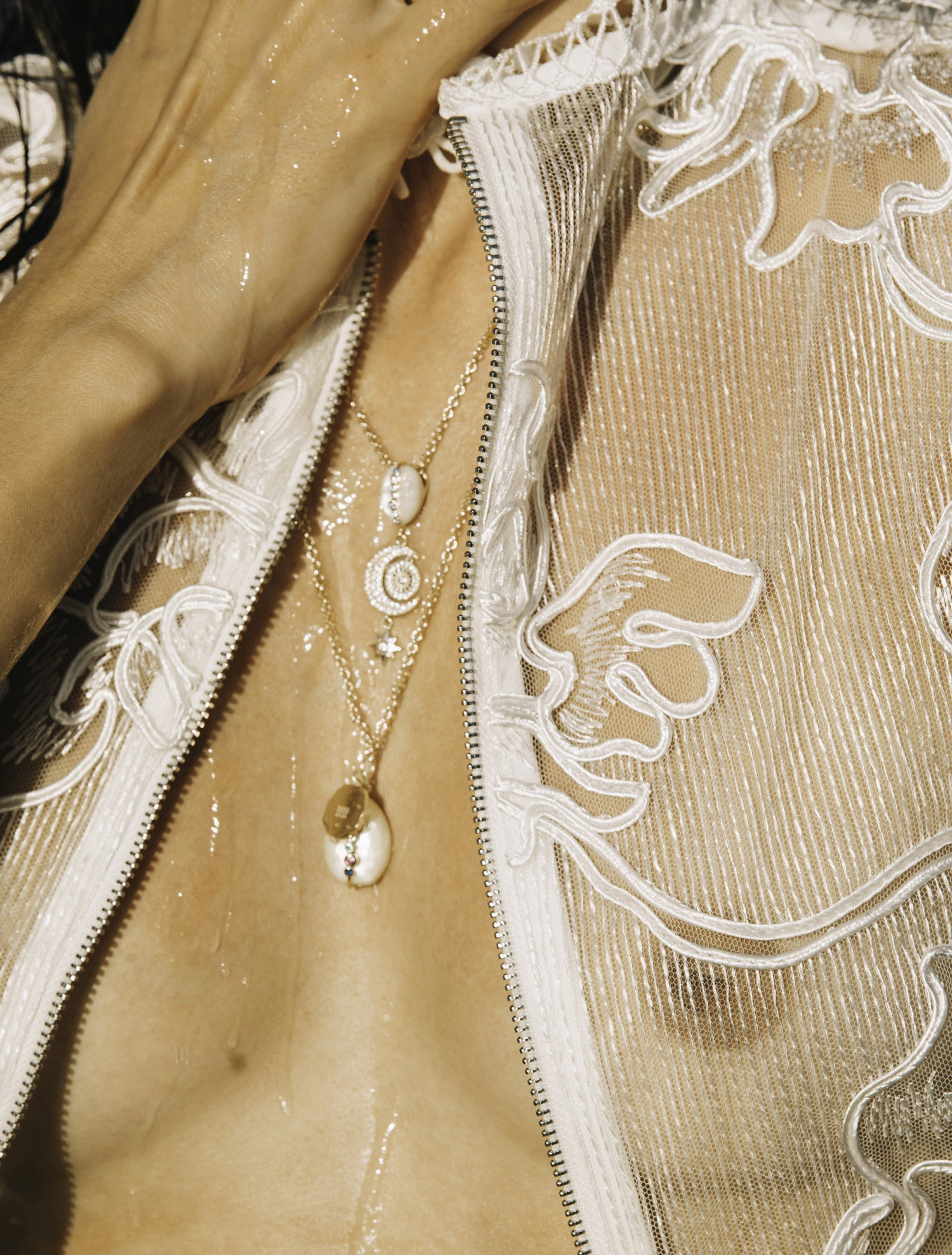 Original silver necklaces with gold plating, lunar design with pearl
