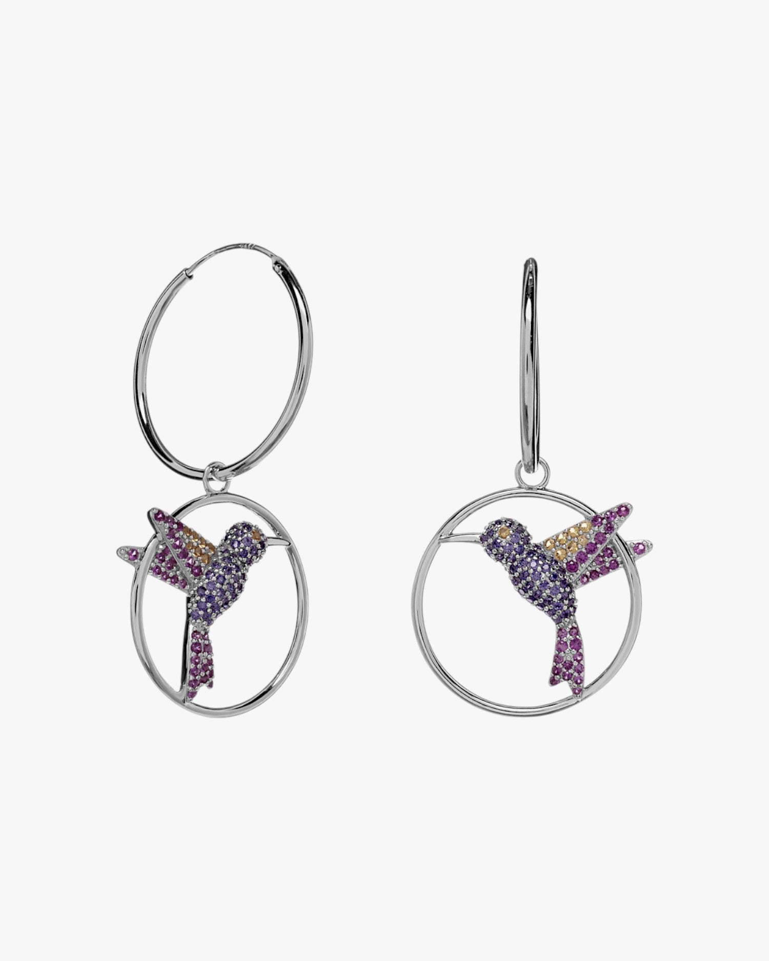 Boucles d'oreilles créoles avec pendentifs en forme de colibri