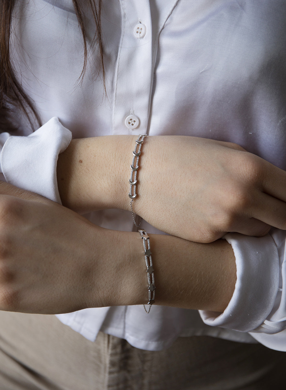 Pulseras finas de plata diseño dos raíles con estrella