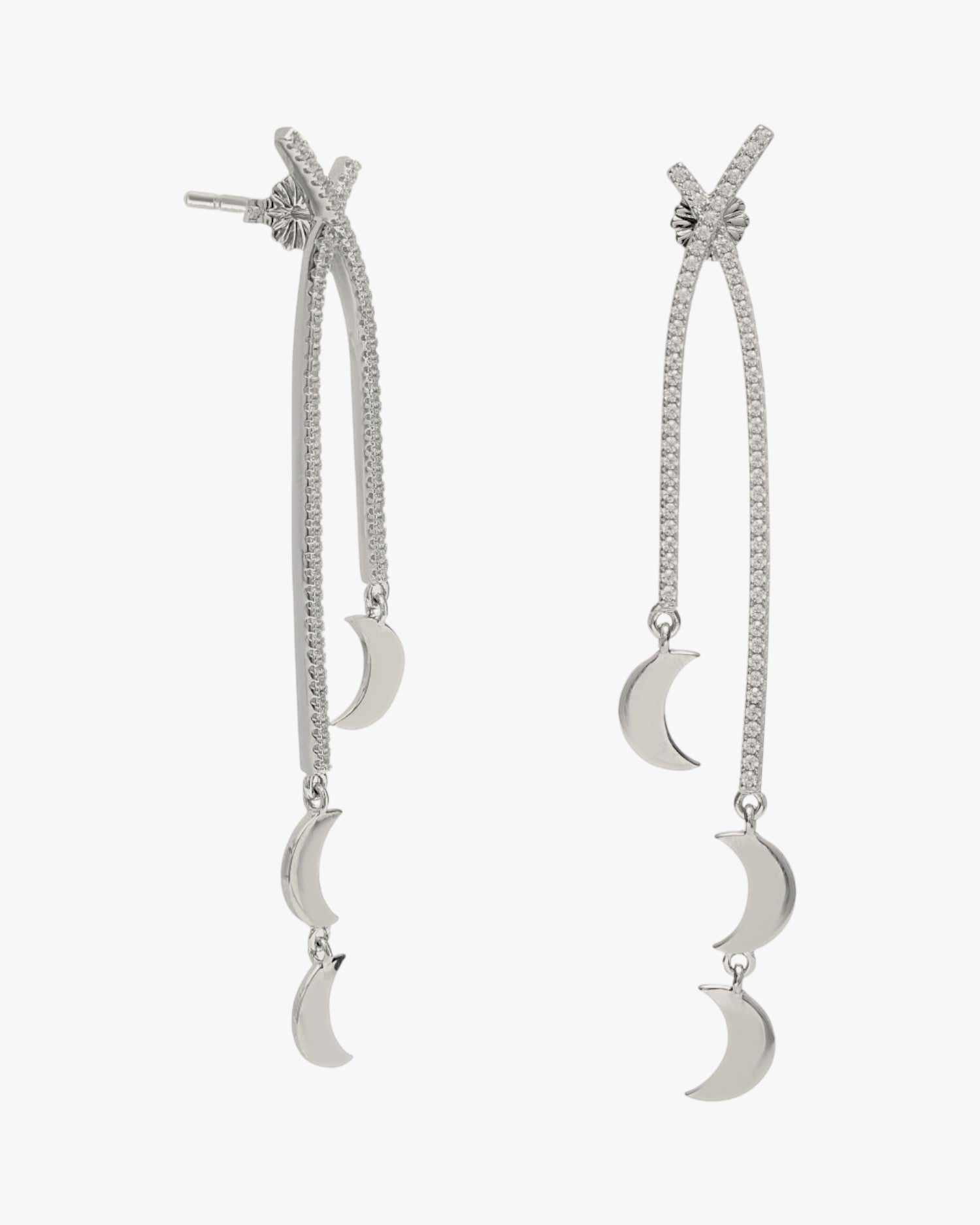 Pendientes largos finos doble raíl y charm de luna