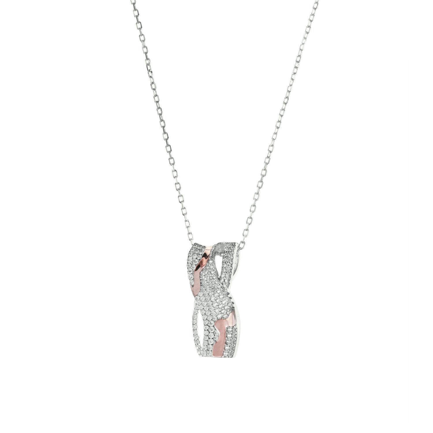 Shiny silver pendant with crossed design composed of bicolor motif with zirconia pavé