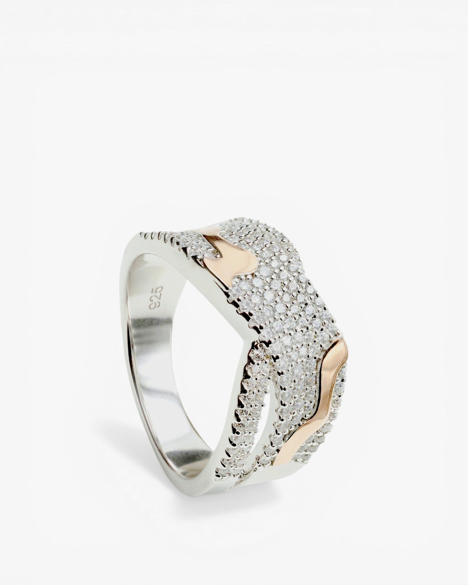 Bagues en argent et zircon avec un motif croisé bicolore