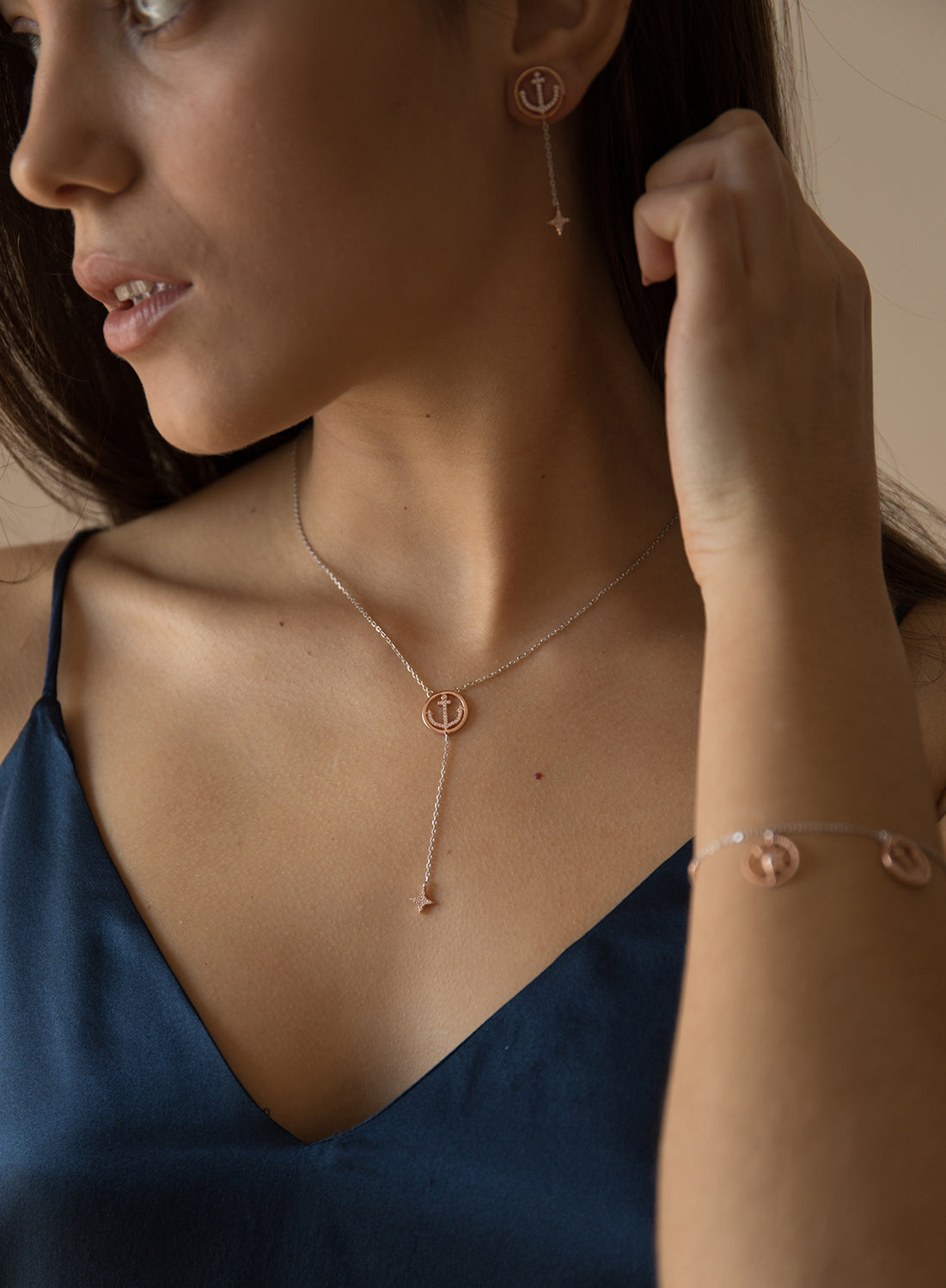 Pendants two tone silver plated in Pink with two mini charms in  anchormotive and star with white zirconias detail