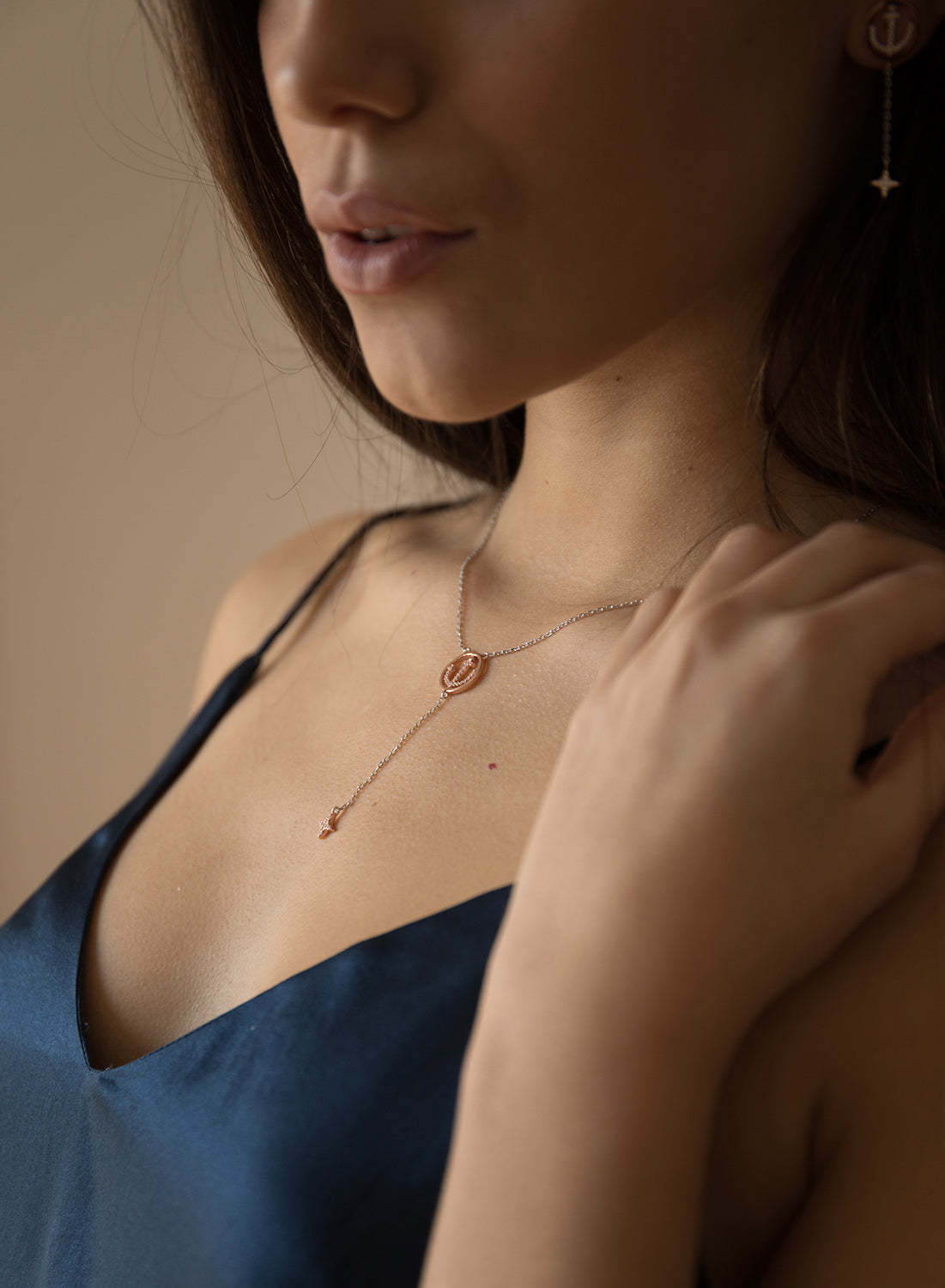 Pendants two tone silver plated in Pink with two mini charms in  anchormotive and star with white zirconias detail