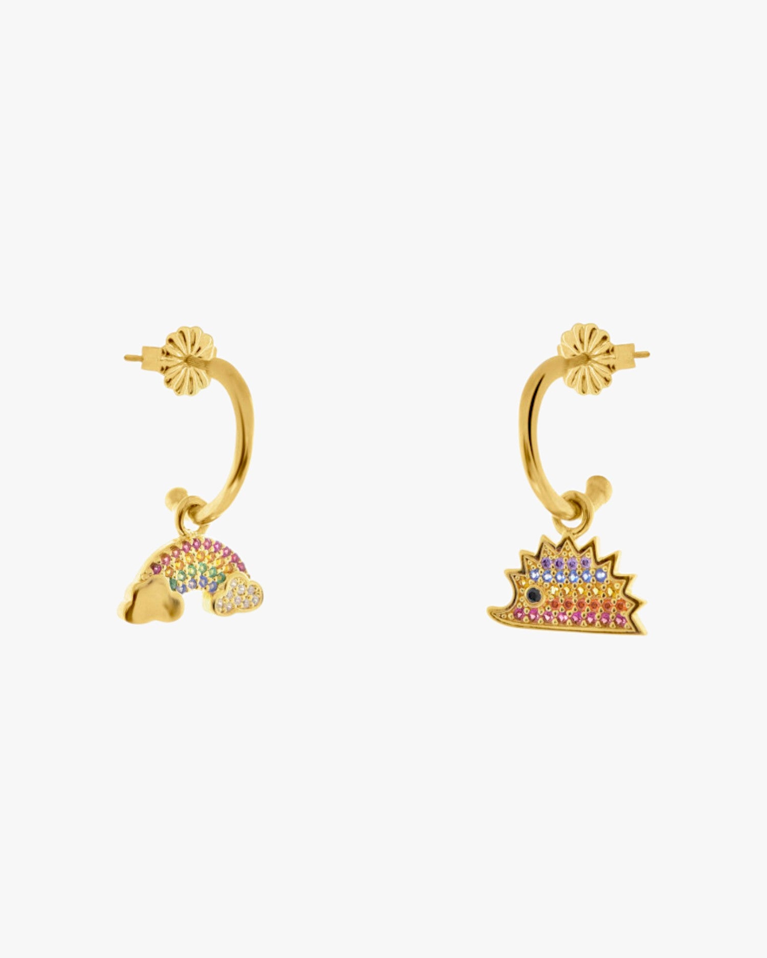 Hoop earrings with rainbow and hedgehog charm pendants