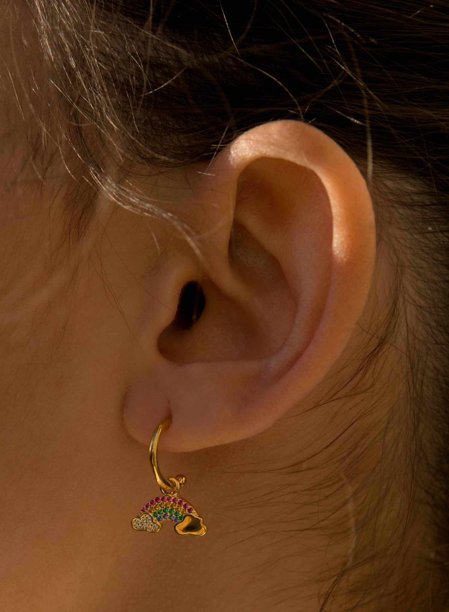 Hoop earrings with rainbow and hedgehog charm pendants