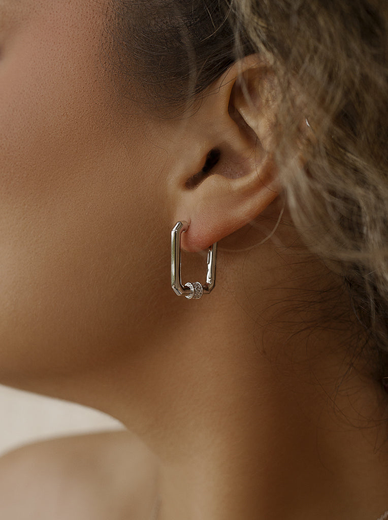 Silver hoop earrings, octagonal rectangle design