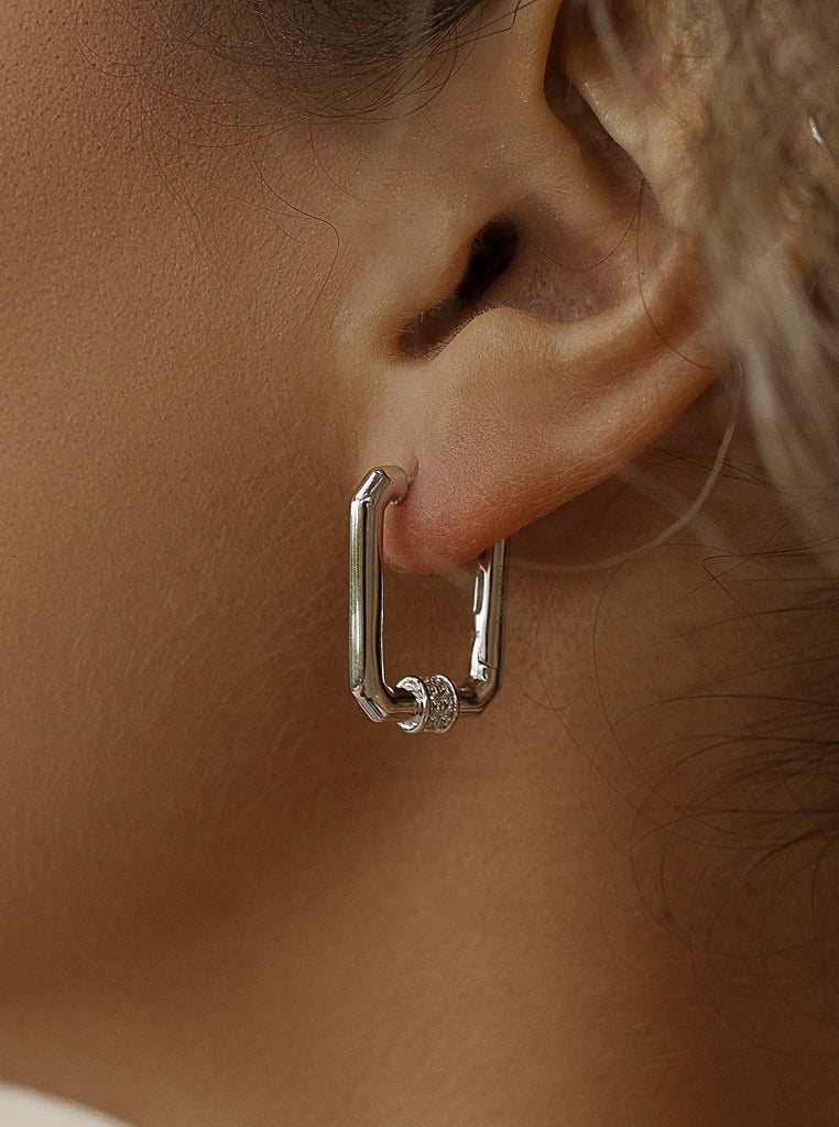 Silver hoop earrings, octagonal rectangle design