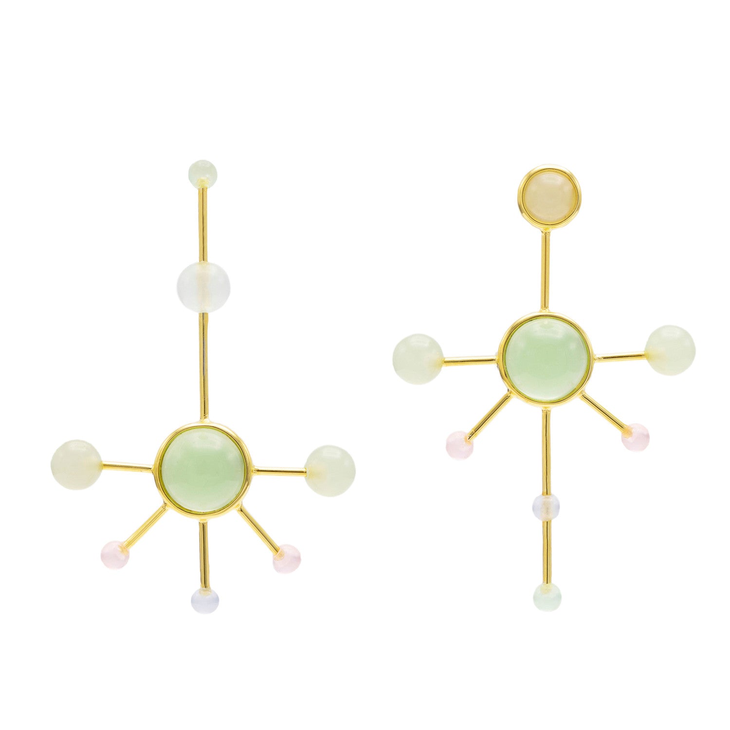 Original silver earrings with an asymmetrical design and colored stones.