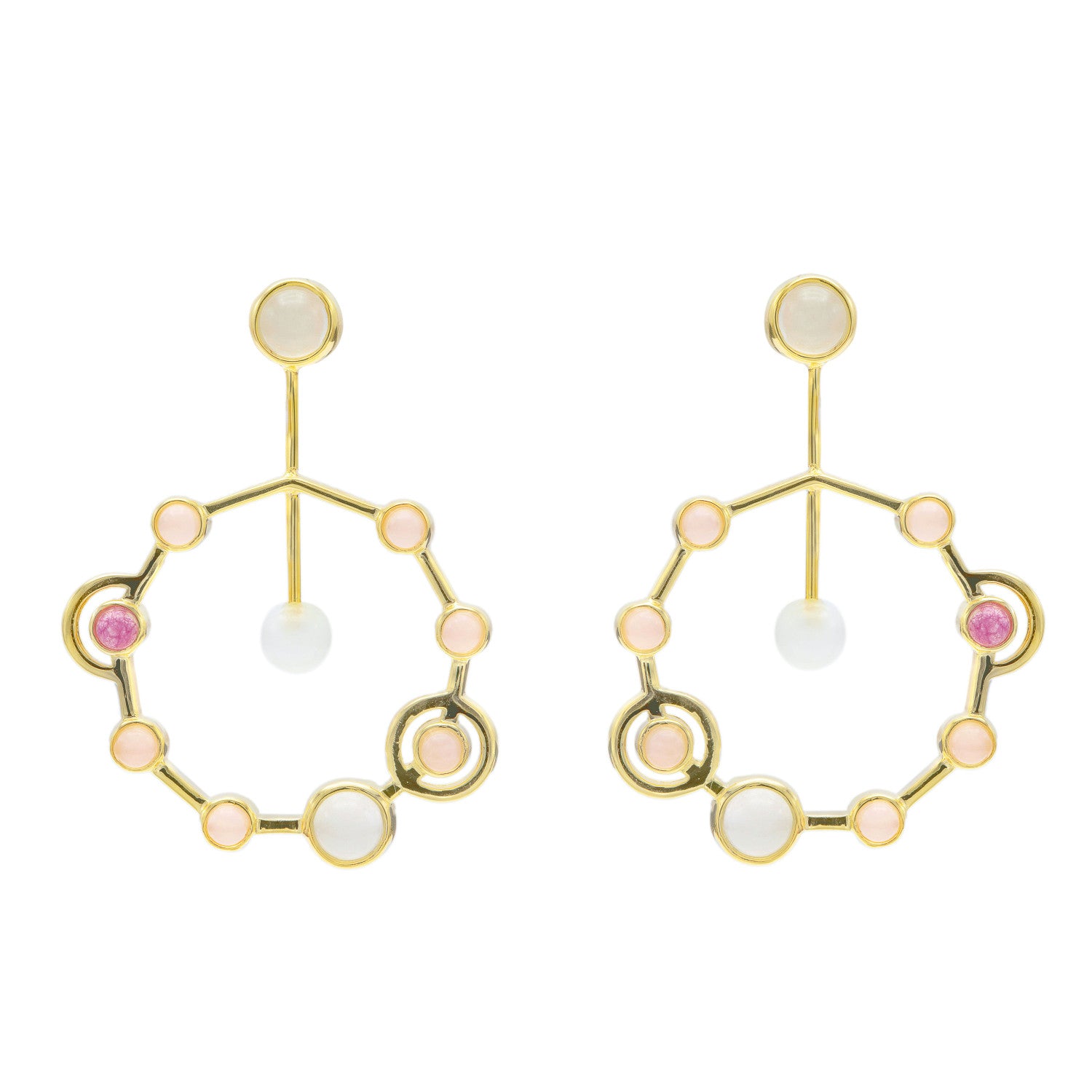 Original silver earrings with an atom design and colorful stones