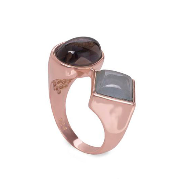 Rings with double quartz design stones, plated in rose gold