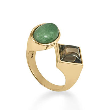 Anillos con piedras diseño doble cuarzo bañado en oro