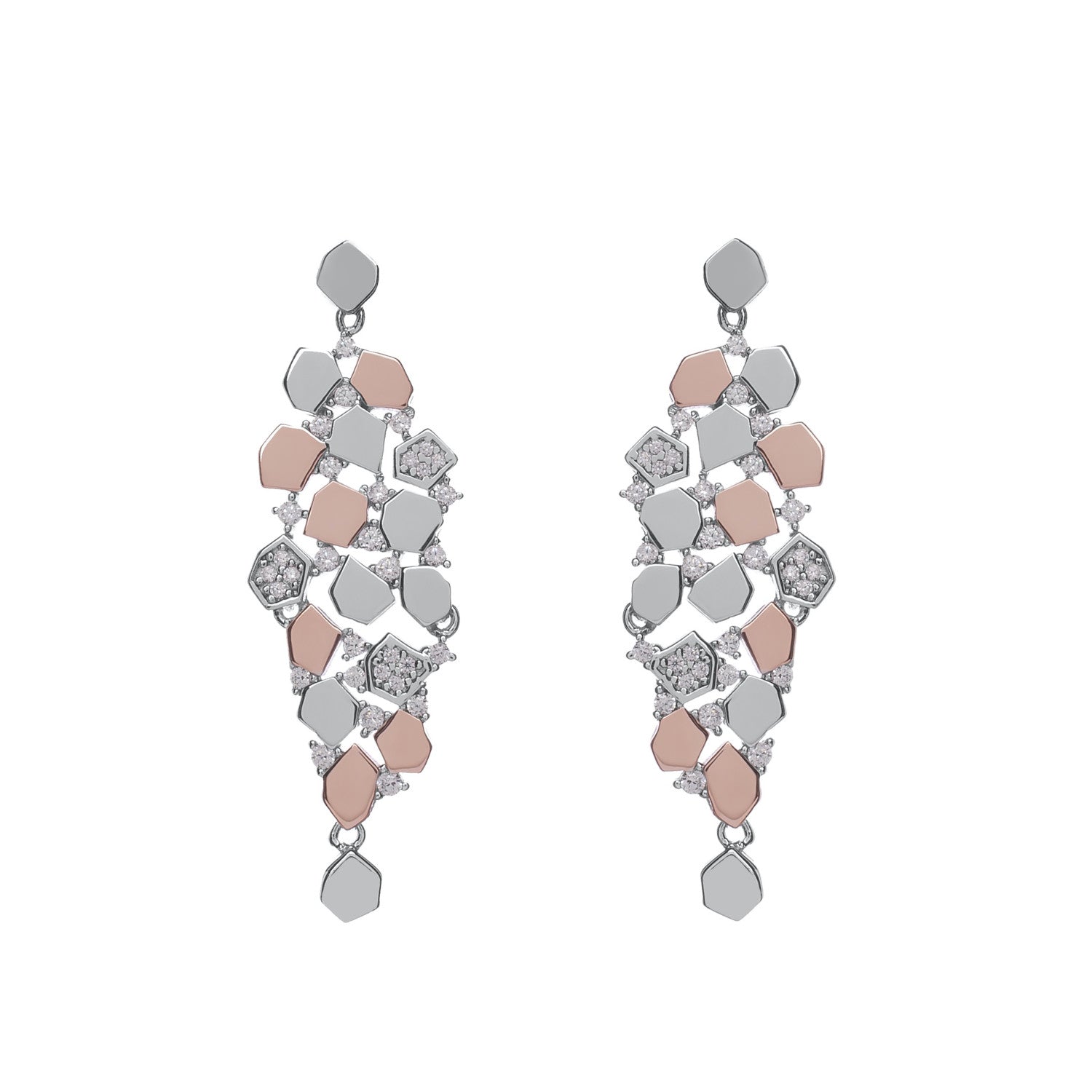 Pendientes largos diseño multipiezas bicolores y circonitas