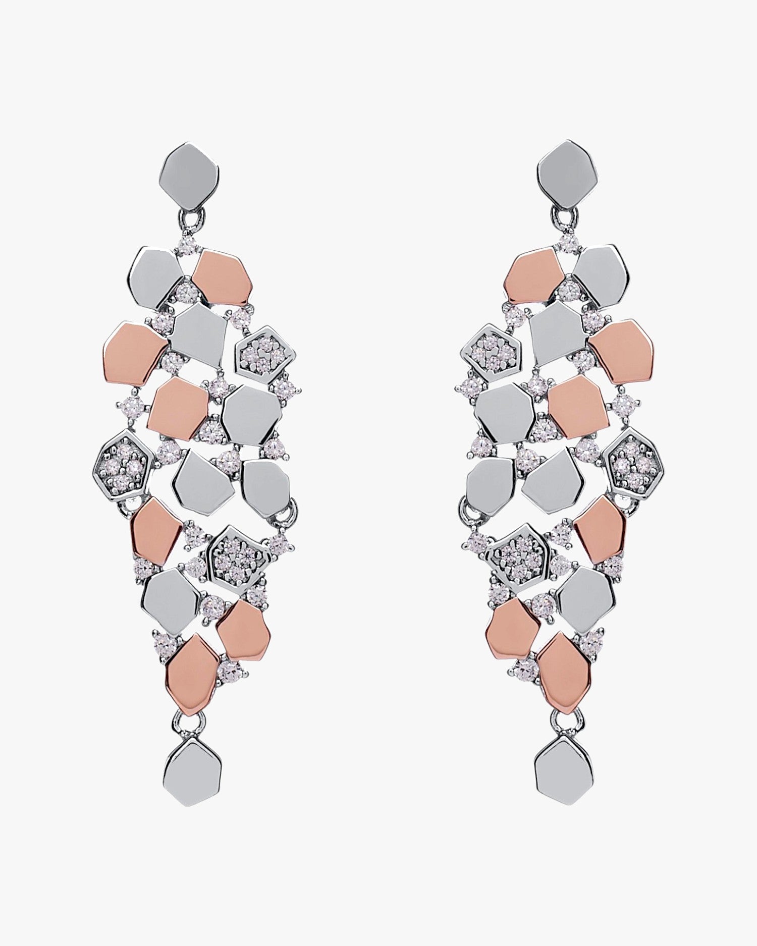 Pendientes largos diseño multipiezas bicolores y circonitas