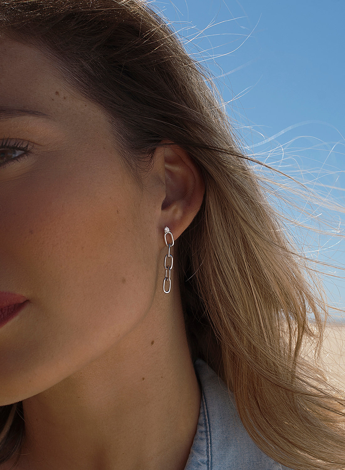 Boucles d'oreilles longs de argent maillons avec zircon