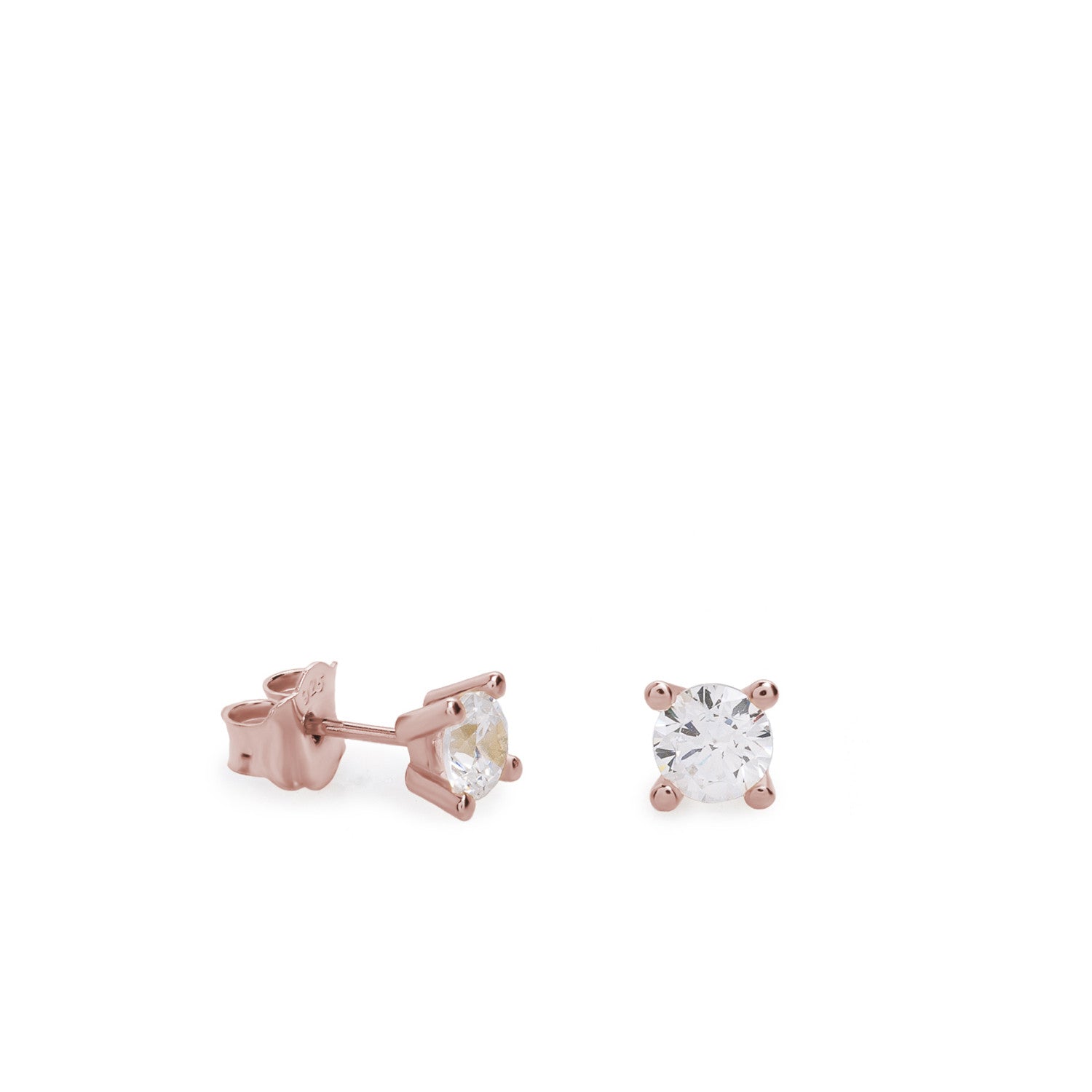 Pendientes pequeños plata baño rosa diseño 4 garras con circonita