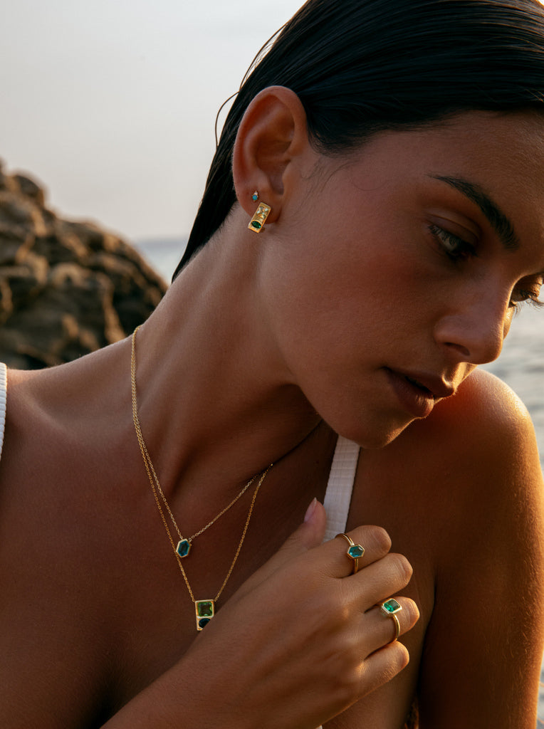 Piercing en argent avec motif plaqué or, mini opale et zircon cubique