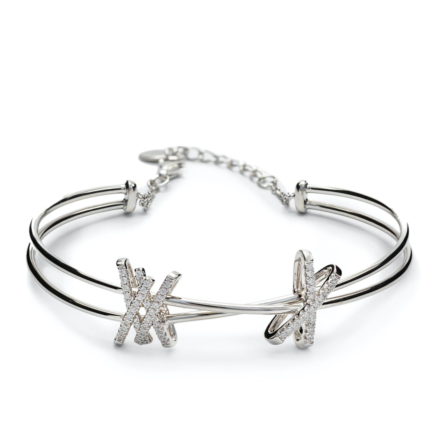Pulsera esclava de plata diseño doble grapa de circonita y plata lisa