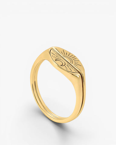 Anillo sello diseño dividido con grabado de luna y sol