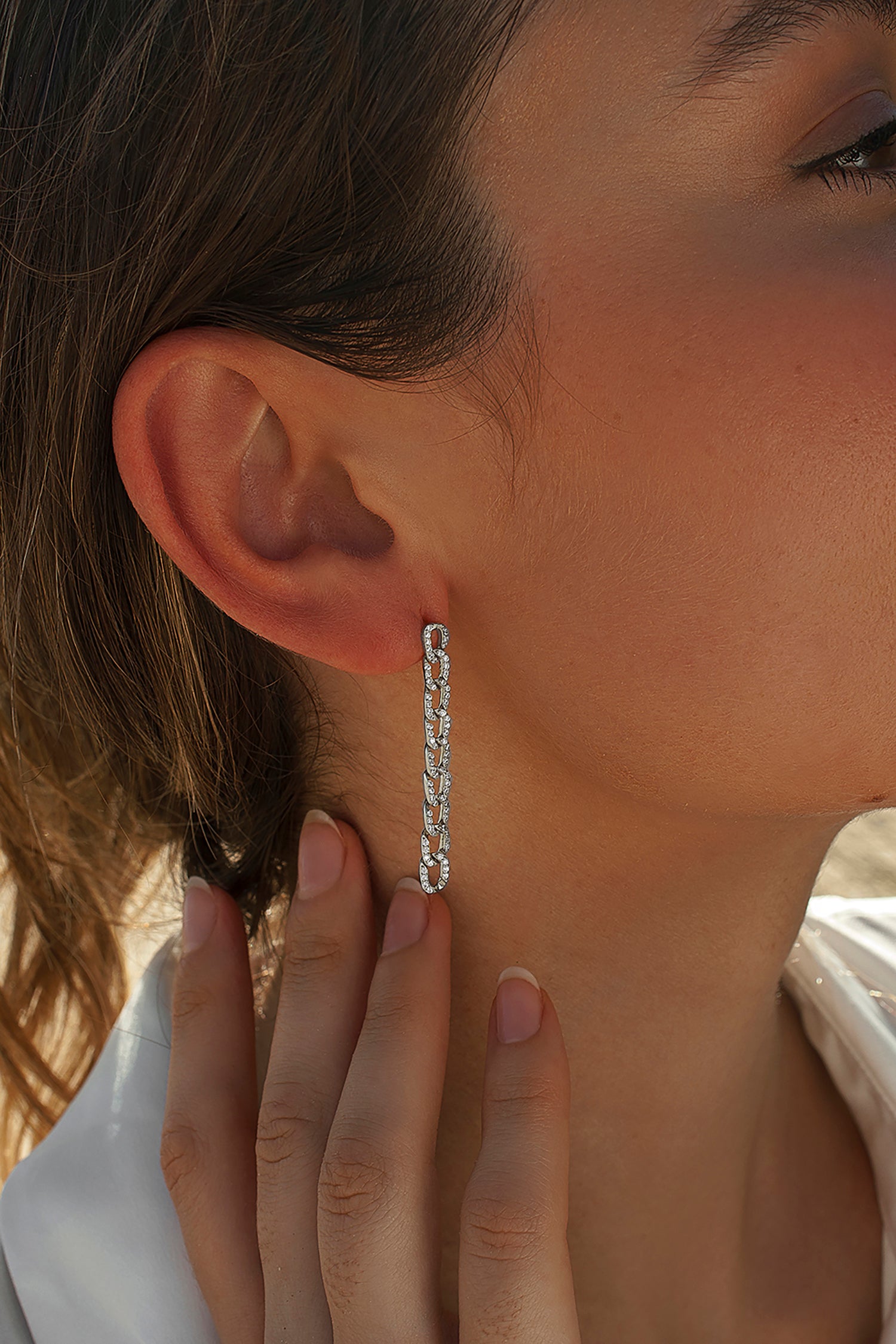 Long chain design earrings with cubic zirconia