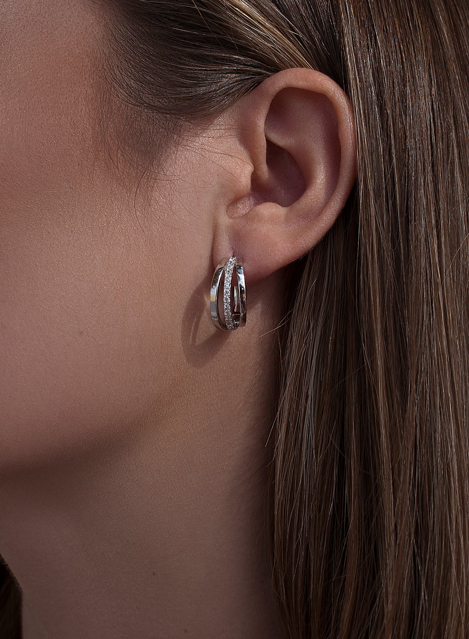 Pendientes aro de plata diseño triple con circonitas